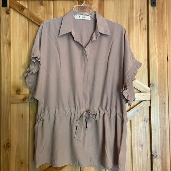 The Impeccable Pig Shirt Womens Small Oversized Tan Ruffle Sleeve Blouse - Picture 1 of 5